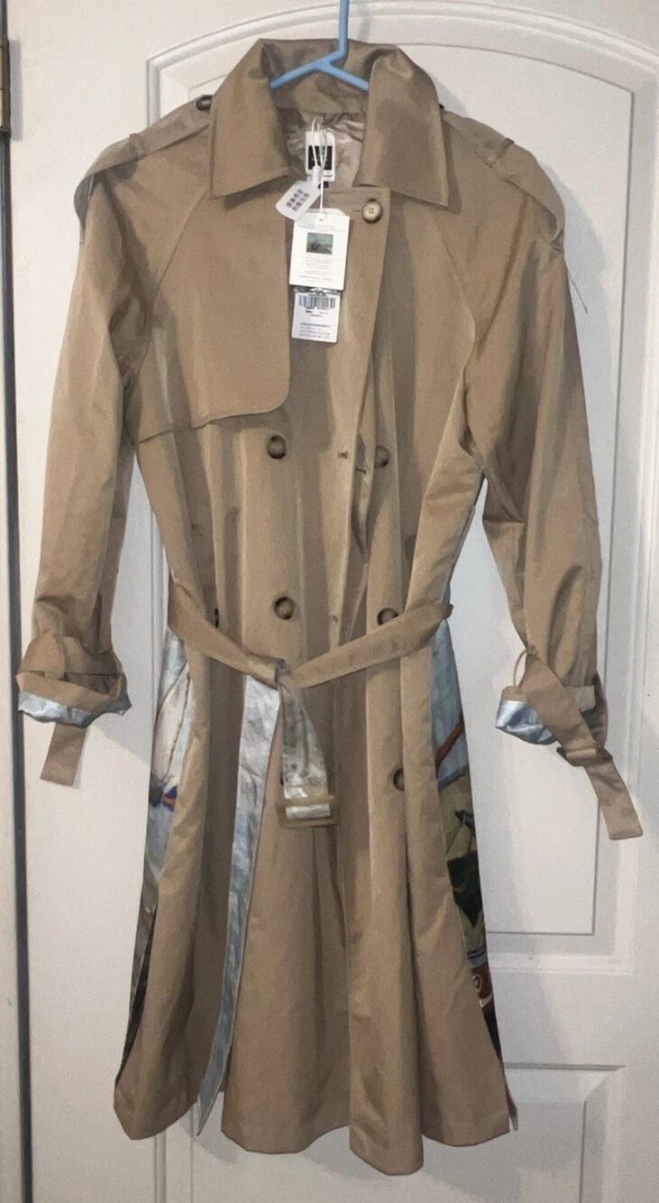 DUIBAI Women Khaki Long Trench Coat Van Gogh Art Print Wearable Art Size M